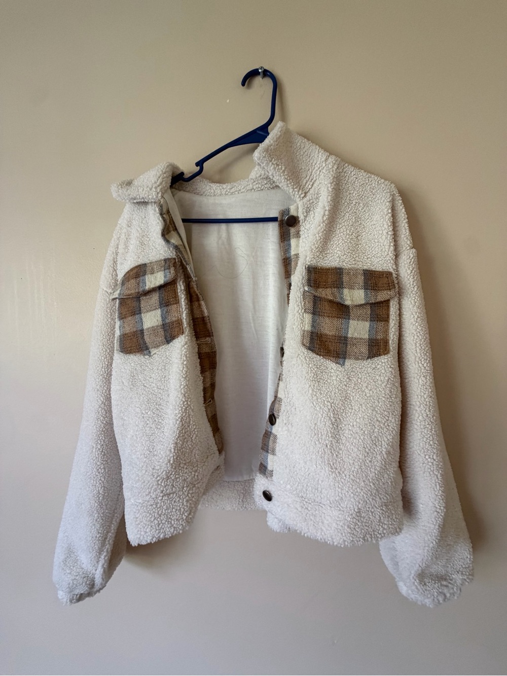 Amazon Cream Sherpa Jacket with Brown Plaid Pocket Accents